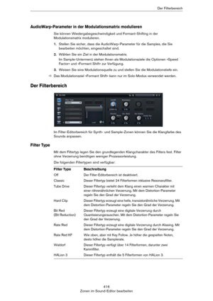 Page 416416
Zonen im Sound-Editor bearbeitenDer Filterbereich
AudioWarp-Parameter in der Modulationsmatrix modulieren
Sie können Wiedergabegeschwindigkeit und Formant-Shifting in der 
Modulationsmatrix modulieren. 
1.Stellen Sie sicher, dass die AudioWarp-Parameter für die Samples, die Sie 
bearbeiten möchten, eingeschaltet sind.
2.Wählen Sie ein Ziel in der Modulationsmatrix.
Im Sample-Untermenü stehen Ihnen als Modulationsziele die Optionen »Speed 
Factor« und »Formant Shift« zur Verfügung.
3.Weisen Sie eine...