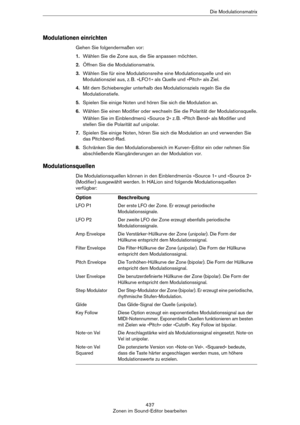 Page 437437
Zonen im Sound-Editor bearbeitenDie Modulationsmatrix
Modulationen einrichten
Gehen Sie folgendermaßen vor:
1.Wählen Sie die Zone aus, die Sie anpassen möchten.
2.Öffnen Sie die Modulationsmatrix.
3.Wählen Sie für eine Modulationsreihe eine Modulationsquelle und ein 
Modulationsziel aus, z.
 B. »LFO1« als Quelle und »Pitch« als Ziel.
4.Mit dem Schieberegler unterhalb des Modulationsziels regeln Sie die 
Modulationstiefe.
5.Spielen Sie einige Noten und hören Sie sich die Modulation an.
6.Wählen Sie...