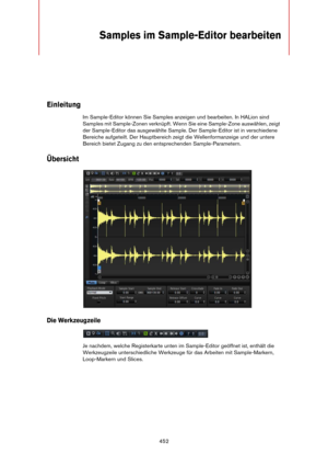 Page 452452
Samples im Sample-Editor bearbeiten
Einleitung
Im Sample-Editor können Sie Samples anzeigen und bearbeiten. In HALion sind 
Samples mit Sample-Zonen verknüpft. Wenn Sie eine Sample-Zone auswählen, zeigt 
der Sample-Editor das ausgewählte Sample. Der Sample-Editor ist in verschiedene 
Bereiche aufgeteilt. Der Hauptbereich zeigt die Wellenformanzeige und der untere 
Bereich bietet Zugang zu den entsprechenden Sample-Parametern.
Übersicht
Die Werkzeugzeile
Je nachdem, welche Registerkarte unten im...