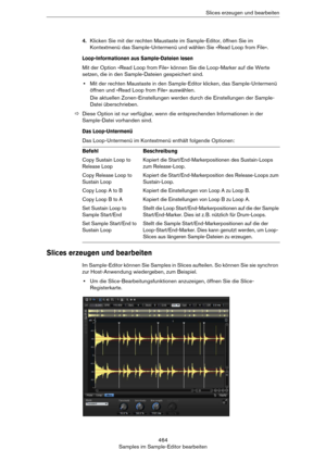 Page 464464
Samples im Sample-Editor bearbeitenSlices erzeugen und bearbeiten
4.Klicken Sie mit der rechten Maustaste im Sample-Editor, öffnen Sie im 
Kontextmenü das Sample-Untermenü und wählen Sie »Read Loop from File«.
Loop-Informationen aus Sample-Dateien lesen
Mit der Option »Read Loop from File« können Sie die Loop-Marker auf die Werte 
setzen, die in den Sample-Dateien gespeichert sind.
•Mit der rechten Maustaste in den Sample-Editor klicken, das Sample-Untermenü 
öffnen und »Read Loop from File«...