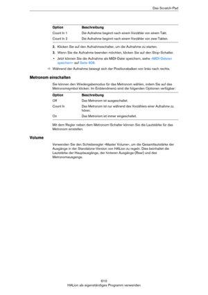 Page 610610
HALion als eigenständiges Programm verwendenDas Scratch-Pad
2.Klicken Sie auf den Aufnahmeschalter, um die Aufnahme zu starten.
3.Wenn Sie die Aufnahme beenden möchten, klicken Sie auf den Stop-Schalter.
•Jetzt können Sie die Aufnahme als MIDI-Datei speichern, siehe »MIDI-Dateien 
speichern« auf Seite 608.
ÖWährend der Aufnahme bewegt sich der Positionsbalken von links nach rechts.
Metronom einschalten
Sie können den Wiedergabemodus für das Metronom wählen, indem Sie auf das 
Metronomsymbol klicken....