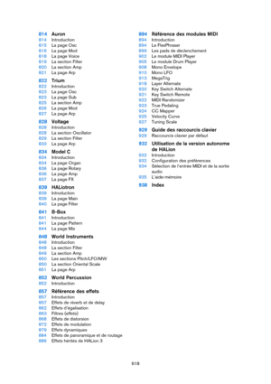 Page 618618
814Auron
814Introduction
815La page Osc
816La page Mod
818La page Voice
819La section Filter
820La section Amp
821La page Arp
822Trium
822Introduction
823La page Osc
823La page Sub
825La section Amp
826La page Mod
827La page Arp
828Voltage
828Introduction
828La section Oscillator
829La section Filter
833La page Arp
834Model C
834Introduction
834La page Organ
836La page Rotary
836La page Amp
837La page FX
839HALiotron
839Introduction
839La page Main
840La page Filter
841B-Box
841Introduction
841La...