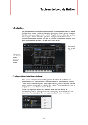 Page 625625
Tableau de bord de HALion
Introduction
Les fenêtres de HALion peuvent être réorganisées et personnalisées avec une grande 
flexibilité. Vous pouvez modifier la disposition des éditeurs dans la fenêtre, organiser 
les différentes sections d’une fenêtre à l’aide d’onglets et même utiliser des fenêtres 
séparées pour réaliser différentes opérations. Il est possible de dimensionner à 
volonté l’ensemble des fenêtres, ainsi que les sections au sein de ces fenêtres. Ainsi, 
vous pouvez exploiter au mieux...