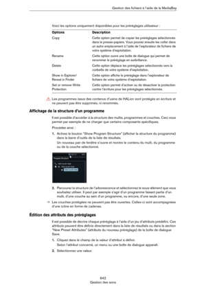 Page 642642
Gestion des sonsGestion des fichiers à l’aide de la MediaBay
Voici les options uniquement disponibles pour les préréglages utilisateur :
Affichage de la structure d’un programme
Il est possible d’accéder à la structure des multis, programmes et couches. Ceci vous 
permet par exemple de ne charger que certains composants spécifiques.
Procédez ainsi :
1.Activez le bouton “Show Program Structure” (afficher la structure du programme) 
dans la barre d’outils de la liste de résultats.
Un nouveau pan de...