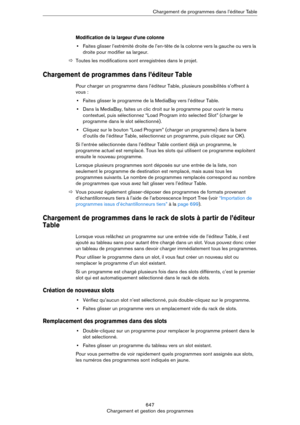 Page 647647
Chargement et gestion des programmesChargement de programmes dans l’éditeur Table
Modification de la largeur d’une colonne
•Faites glisser l’extrémité droite de l’en-tête de la colonne vers la gauche ou vers la 
droite pour modifier sa largeur.
ÖToutes les modifications sont enregistrées dans le projet.
Chargement de programmes dans l’éditeur Table
Pour charger un programme dans l’éditeur Table, plusieurs possibilités s’offrent à 
vous
 :
•Faites glisser le programme de la MediaBay vers l’éditeur...