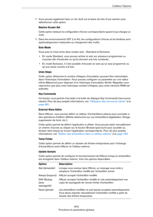 Page 670670
Fonctions et paramètres globauxL’éditeur Options
ÖVous pouvez également faire un clic droit sur la barre de titre d’une section pour 
sélectionner cette option.
Restore Screen Set
Cette option restaure la configuration d’écran correspondante quand vous chargez un 
multi.
ÖDans les environnements VST 2 et AU, les configurations d’écran et les fenêtres sont 
systématiquement restaurées au chargement des multis.
Solo Mode
Vous avez le choix entre deux modes solo : Standard et Exclusive.
•En mode...