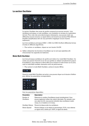 Page 728728
Édition des zones dans l’éditeur SoundLa section Oscillator
La section Oscillator
La section Oscillator des zones de synthé comprend six sources sonores : trois 
oscillateurs principaux, un sub-oscillateur, une modulation en anneau et un générateur 
de bruit. Pour créer des sons électroniques intéressants, vous pouvez mixer ces 
différentes sources sonores. Le signal obtenu est transmis aux sections Filter (filtre) et 
Amplifier (amplificateur) afin de vous permettre d’appliquer encore d’autres...