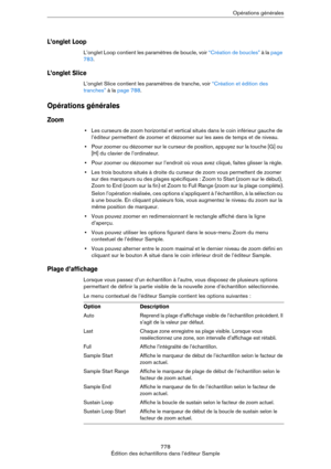 Page 778778
Édition des échantillons dans l’éditeur SampleOpérations générales
L’onglet Loop
L’onglet Loop contient les paramètres de boucle, voir “Création de boucles” à la page 
783.
L’onglet Slice
L’onglet Slice contient les paramètres de tranche, voir “Création et édition des 
tranches” à la page 788.
Opérations générales
Zoom
•Les curseurs de zoom horizontal et vertical situés dans le coin inférieur gauche de 
l’éditeur permettent de zoomer et dézoomer sur les axes de temps et de niveau.
•Pour zoomer ou...