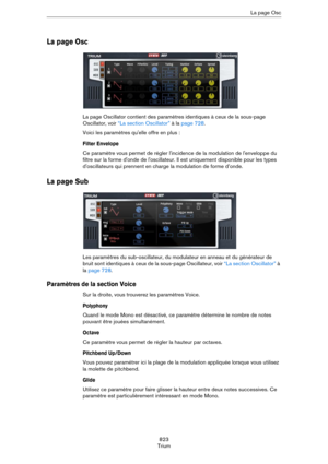 Page 823823
TriumLa page Osc
La page Osc
La page Oscillator contient des paramètres identiques à ceux de la sous-page 
Oscillator, voir 
“La section Oscillator” à la page 728. 
Voici les paramètres qu'elle offre en plus :
Filter Envelope
Ce paramètre vous permet de régler l'incidence de la modulation de l'enveloppe du 
filtre sur la forme d'onde de l'oscillateur. Il est uniquement disponible pour les types 
d'oscillateurs qui prennent en charge la modulation de forme d’onde. 
La page Sub...