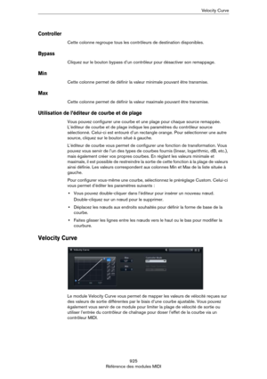 Page 925925
Référence des modules MIDIVe l o c i t y  C u r v e
Controller
Cette colonne regroupe tous les contrôleurs de destination disponibles.
Bypass
Cliquez sur le bouton bypass d’un contrôleur pour désactiver son remappage.
Min
Cette colonne permet de définir la valeur minimale pouvant être transmise.
Max
Cette colonne permet de définir la valeur maximale pouvant être transmise.
Utilisation de l’éditeur de courbe et de plage
Vous pouvez configurer une courbe et une plage pour chaque source remappée....