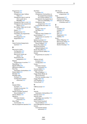 Page 940940
IndexQ
Programmes 657
À propos 649
Chargement dans l’éditeur 
Table 647
Chargement dans le rack de 
slots à partir de la 
MediaBay 639
Chargement dans un slot 639
Chargement des programmes 
HALion 3 644
De l’éditeur Table vers le rack 
de slots 647
Édition 710
Enregistrement 652
Importation de programmes 
tiers 699
Préchargement 648
Suppression 652
Q
Quick Controls Assignments 
(section) 719
R
Raccourcis clavier
Configuration 681
Conventions 620
Raccourcis clavier par 
défaut 929
Suppression des...