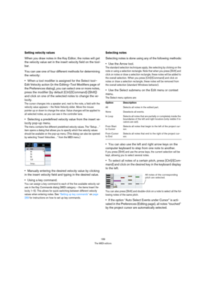 Page 189189
The MIDI editors
Setting velocity values
When you draw notes in the Key Editor, the notes will get 
the velocity value set in the insert velocity field on the tool-
bar.
You can use one of four different methods for determining 
the velocity:
When a tool modifier is assigned for the Select tool–
Edit Velocity action (in the Editing–Tool Modifiers page of 
the Preferences dialog), you can select one or more notes, 
press the modifier (by default [Ctrl]/[Command]-[Shift]) 
and click on one of the...