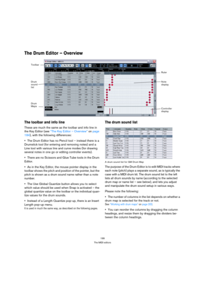 Page 199199
The MIDI editors
The Drum Editor – Overview
The toolbar and info line
These are much the same as the toolbar and info line in 
the Key Editor (see “The Key Editor – Overview” on page 
184), with the following differences:
The Drum Editor has no Pencil tool – instead there is a 
Drumstick tool (for entering and removing notes) and a 
Line tool with various line and curve modes (for drawing 
several notes in one go or editing controller events).
There are no Scissors and Glue Tube tools in the Drum...