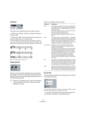 Page 215215
The MIDI editors
Staff Mode
This pop-up menu determines how the staff is shown: 
When set to “Single”, all notes in the part are shown in 
the same staff.
When set to “Split”, the part is split on the screen into a 
bass and treble clef, as in a piano score. 
You use the Split-Point value field to set the note where you want the 
split to occur. Notes above and including the split note will appear on the 
upper staff, and notes below the split note will appear on the lower staff.
Before and after...