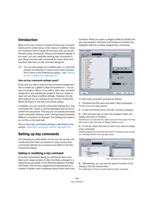 Page 269269
Key commands
Introduction
Most of the main menus in Cubase AI have key command 
shortcuts for certain items on the menus. In addition, there 
are numerous other Cubase AI functions that can be per-
formed via key commands. These are all default settings. If 
you want, you can customize existing key commands to 
your liking, and also add commands for menu items and 
functions that have no key command assigned.
How are key commands settings saved?
Every time you edit or add any key command assignment,...