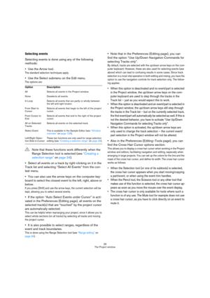 Page 2929
The Project window
Selecting events
Selecting events is done using any of the following 
methods:
Use the Arrow tool.
The standard selection techniques apply.
Use the Select submenu on the Edit menu.
The options are:
Select all events on a track by right-clicking on it in the 
Track list and selecting “Select All Events” from the con-
text menu.
You can also use the arrow keys on the computer key-
board to select the closest event to the left, right, above or 
below.
If you press [Shift] and use the...