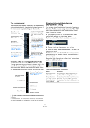 Page 7171
The mixer
The common panel
The common panel appears to the left in the mixer window 
and contains settings for changing the look and behavior of 
the mixer, as well as global settings for all channels.
Selecting what channel types to show/hide
You can specify what channel types to show or hide in the 
mixer. In the lower part of the common panel you find a 
vertical strip with different indicator buttons. Each indica-
tor represents a channel type to show or hide in the mixer:
To hide or show a...