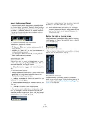 Page 7272
The mixer
About the Command Target
Command targets let you specify which channels should 
be affected by the “commands” (basically all the functions 
that can be assigned key commands) when working with 
the Mixer, e.g. the width setting of the channel strips, etc. 
You can set command targets using the Mixer common 
panel or the context menu.
The Command Target Controls on the common panel
The following options are available:
 All Channels – Select this if you want your commands to af-
fect all...