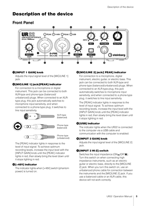 Page 5Description of the device
UR22  Operation Manual5
Description of the device
Front Panel
[INPUT 1 GAIN] knob
Adjusts the input signal level of the [MIC/LINE 1] 
jack.
 [MIC/LINE 1] jack/[PEAK] indicator
For connection to a microphone or digital 
instrument. This jack can be connected to both 
XLR-type and phone-type (balanced/
unbalanced) plugs. When connected to an XLR-
type plug, this jack automatically switches to 
microphone input sensitivity, and when 
connected to a phone-type plug, it switches to...