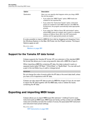 Page 1025File handling
Exporting and importing MIDI loops
1025
It is also possible to import a MIDI file from disk by dragging and dropping it from 
the Windows Explorer or the Mac OS Finder into the Project window. The Import 
Options apply as well.
RELATED LINKS
Markers on page 281
Support for the Yamaha XF data format
Cubase supports the Yamaha XF format. XF is an extension of the standard MIDI 
file format that allows you to save song-specific data with a MIDI file of type 0.
When importing a MIDI file...