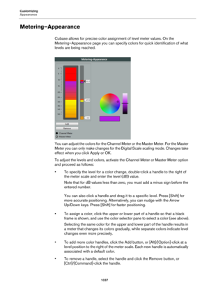 Page 1037Customizing
Appearance
1037
Metering–Appearance
Cubase allows for precise color assignment of level meter values. On the 
Metering–Appearance page you can specify colors for quick identification of what 
levels are being reached.
You can adjust the colors for the Channel Meter or the Master Meter. For the Master 
Meter you can only make changes for the Digital Scale scaling mode. Changes take 
effect when you click Apply or OK.
To adjust the levels and colors, activate the Channel Meter or Master Meter...