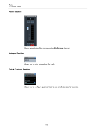 Page 112Tracks
FX Channel Tracks
112
Fader Section
Shows a duplicate of the corresponding MixConsole channel.
Notepad Section
Allows you to enter notes about the track.
Quick Controls Section
Allows you to configure quick controls to use remote devices, for example. 