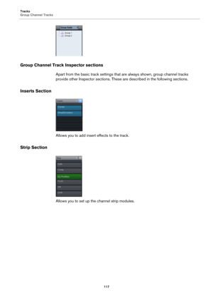 Page 117Tracks
Group Channel Tracks
117
Group Channel Track Inspector sections
Apart from the basic track settings that are always shown, group channel tracks 
provide other Inspector sections. These are described in the following sections.
Inserts Section
Allows you to add insert effects to the track.
Strip Section
Allows you to set up the channel strip modules. 