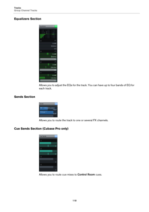 Page 118Tracks
Group Channel Tracks
118
Equalizers Section
Allows you to adjust the EQs for the track. You can have up to four bands of EQ for 
each track.
Sends Section
Allows you to route the track to one or several FX channels.
Cue Sends Section (Cubase Pro only)
Allows you to route cue mixes to Control Room cues. 