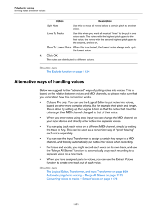 Page 1171Polyphonic voicing
Moving notes between voices
1171
4. Click OK.
The notes are distributed to different voices.
RELATED LINKS
The Explode function on page 1124
Alternative ways of handling voices
Below we suggest further “advanced” ways of putting notes into voices. This is 
based on the relation between voices and MIDI channels, so please make sure that 
you understand how this connection works.
•Cubase Pro only: You can use the Logical Editor to put notes into voices, 
based on other more complex...