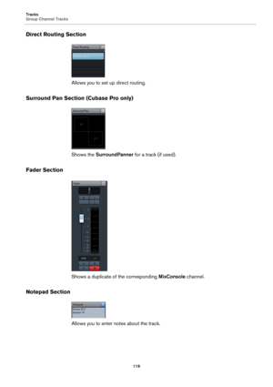 Page 119Tracks
Group Channel Tracks
119
Direct Routing Section
Allows you to set up direct routing.
Surround Pan Section (Cubase Pro only)
Shows the SurroundPanner for a track (if used).
Fader Section
Shows a duplicate of the corresponding MixConsole channel.
Notepad Section
Allows you to enter notes about the track. 