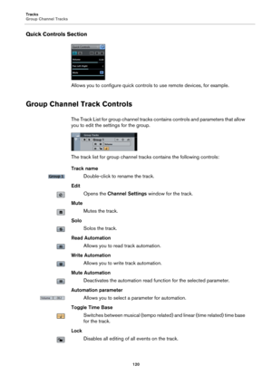 Page 120Tracks
Group Channel Tracks
120
Quick Controls Section
Allows you to configure quick controls to use remote devices, for example.
Group Channel Track Controls
The Track List for group channel tracks contains controls and parameters that allow 
you to edit the settings for the group.
The track list for group channel tracks contains the following controls:
Track name
Double-click to rename the track.
Edit
Opens the Channel Settings window for the track.
Mute
Mutes the track.
Solo
Solos the track.
Read...