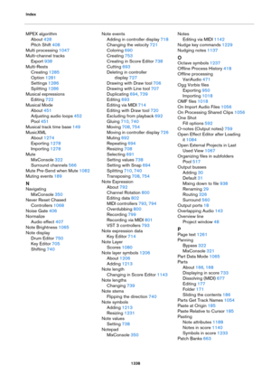 Page 1338Index
1338
MPEX algorithm
About 428
Pitch Shift 408
Multi processing 1047
Multi-channel tracks
Export 938
Multi-Rests
Creating 1285
Option 1281
Settings 1286
Splitting 1286
Musical expressions
Editing 722
Musical Mode
About 451
Adjusting audio loops 452
Pool 451
Musical track time base 149
MusicXML
About 1274
Exporting 1278
Importing 1278
Mute
MixConsole 322
Surround channels 566
Mute Pre-Send when Mute 1082
Muting events 189
N
Navigating
MixConsole 350
Never Reset Chased 
Controllers
 1068
Noise Gate...