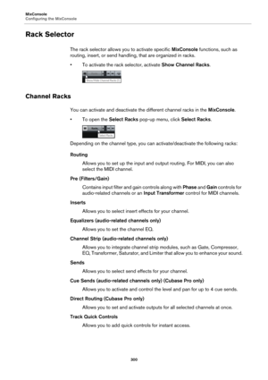 Page 300MixConsole
Configuring the MixConsole
300
Rack Selector
The rack selector allows you to activate specific MixConsole functions, such as 
routing, insert, or send handling, that are organized in racks.
• To activate the rack selector, activate Show Channel Racks.
Channel Racks
You can activate and deactivate the different channel racks in the MixConsole.
• To open the Select Racks pop-up menu, click Select Racks.
Depending on the channel type, you can activate/deactivate the following racks:
Routing...