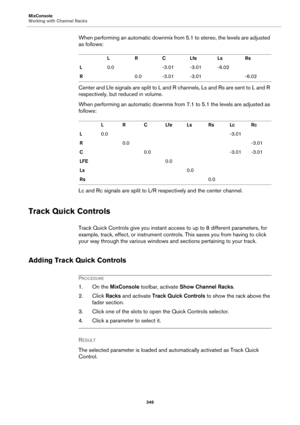 Page 346MixConsole
Working with Channel Racks
346
When performing an automatic downmix from 5.1 to stereo, the levels are adjusted 
as follows:
Center and Lfe signals are split to L and R channels, Ls and Rs are sent to L and R 
respectively, but reduced in volume.
When performing an automatic downmix from 7.1 to 5.1 the levels are adjusted as 
follows:
Lc and Rc signals are split to L/R respectively and the center channel.
Track Quick Controls
Track Quick Controls give you instant access to up to 8 different...