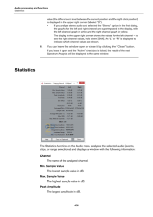 Page 426Audio processing and functions
Statistics
426
value (the difference in level between the current position and the right-click position) 
is displayed in the upper right corner (labeled “D”).
• If you analyze stereo audio and selected the “Stereo” option in the first dialog, 
the graphs for the left and right channel are superimposed in the display, with 
the left channel graph in white and the right channel graph in yellow.
The display in the upper right corner shows the values for the left channel – to...