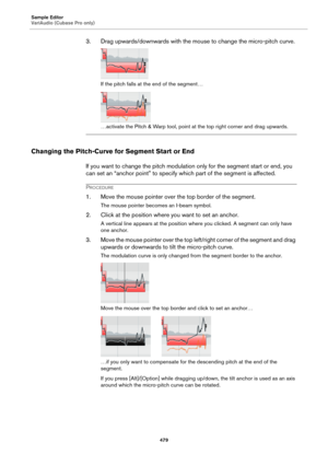 Page 479Sample Editor
VariAudio (Cubase Pro only)
479
3. Drag upwards/downwards with the mouse to change the micro-pitch curve.
If the pitch falls at the end of the segment…
…activate the Pitch & Warp tool, point at the top right corner and drag upwards.
Changing the Pitch-Curve for Segment Start or End
If you want to change the pitch modulation only for the segment start or end, you 
can set an “anchor point” to specify which part of the segment is affected.
PROCEDURE
1. Move the mouse pointer over the top...