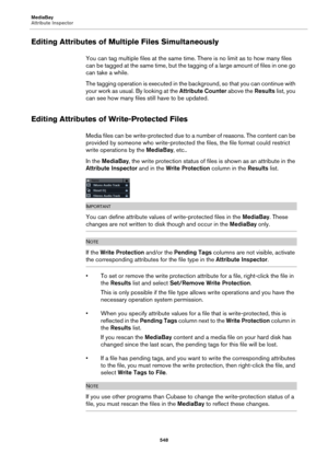 Page 548MediaBay
Attribute Inspector
548
Editing Attributes of Multiple Files Simultaneously
You can tag multiple files at the same time. There is no limit as to how many files 
can be tagged at the same time, but the tagging of a large amount of files in one go 
can take a while.
The tagging operation is executed in the background, so that you can continue with 
your work as usual. By looking at the Attribute Counter above the Results list, you 
can see how many files still have to be updated.
Editing...