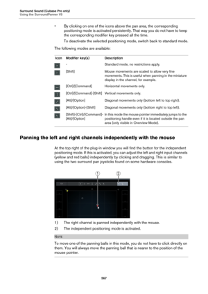 Page 567Surround Sound (Cubase Pro only)
Using the SurroundPanner V5
567
• By clicking on one of the icons above the pan area, the corresponding 
positioning mode is activated persistently. That way you do not have to keep 
the corresponding modifier key pressed all the time.
To deactivate the selected positioning mode, switch back to standard mode.
The following modes are available:
Panning the left and right channels independently with the mouse
At the top right of the plug-in window you will find the button...