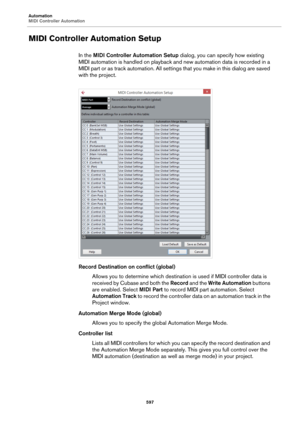 Page 597Automation
MIDI Controller Automation
597
MIDI Controller Automation Setup
In the MIDI Controller Automation Setup dialog, you can specify how existing 
MIDI automation is handled on playback and new automation data is recorded in a 
MIDI part or as track automation. All settings that you make in this dialog are saved 
with the project.
Record Destination on conflict (global)
Allows you to determine which destination is used if MIDI controller data is 
received by Cubase and both the Record and the Write...