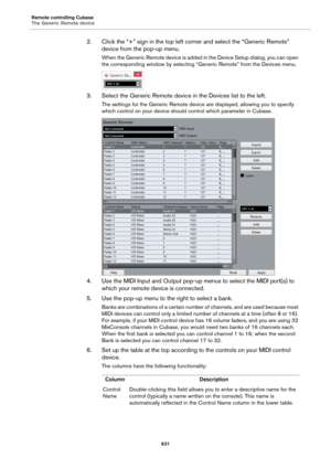 Page 631Remote controlling Cubase
The Generic Remote device
631
2. Click the “+” sign in the top left corner and select the “Generic Remote” 
device from the pop-up menu.
When the Generic Remote device is added in the Device Setup dialog, you can open 
the corresponding window by selecting “Generic Remote” from the Devices menu.
3. Select the Generic Remote device in the Devices list to the left.
The settings for the Generic Remote device are displayed, allowing you to specify 
which control on your device...