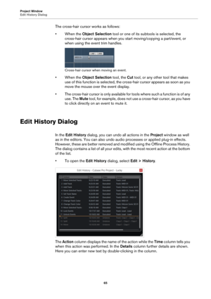 Page 65Project Window
Edit History Dialog
65
The cross-hair cursor works as follows:
• When the Object Selection tool or one of its subtools is selected, the 
cross-hair cursor appears when you start moving/copying a part/event, or 
when using the event trim handles.
Cross-hair cursor when moving an event.
• When the Object Selection tool, the Cut tool, or any other tool that makes 
use of this function is selected, the cross-hair cursor appears as soon as you 
move the mouse over the event display.
• The...