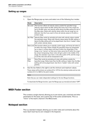 Page 651MIDI realtime parameters and effects
The Inspector sections
651
Setting up ranges
PROCEDURE
1. Open the Range pop-up menu and select one of the following four modes:
2. Use the two fields to the right to set the minimum and maximum values.
These values will be shown as numbers (0 to 127) for the velocity modes and as note 
numbers (C-2 to G8) for the pitch modes.
NOTE
Note that you can make independent settings for the two Range functions.
To deactivate the Range function, open the Range pop-up menu(s)...
