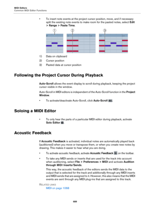 Page 689MIDI Editors
Common MIDI Editor Functions689
• To insert note events at the project cursor position, move, and if necessary split the existing note events to make  room for the pasted notes, select Edit 
> Range > Paste Time .
1) Data on clipboard
2) Cursor position
3) Pasted data at cursor position
Following the Project Cursor During Playback
Auto-Scroll allows the event display to scroll  during playback, keeping the project 
cursor visible in the window.
Auto-Scroll in MIDI editors is independent of...