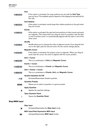 Page 701MIDI Editors
Key Editor
701
Grid
If this option is activated, the snap positions are set with the Grid Type 
pop-up menu. The available options depend on the display format selected for 
the ruler.
Grid Relative
If this option is activated, events keep their relative positions to the grid when 
they are moved.
Events
If this option is activated, the start and end positions of other events and parts 
are magnetic. This means that if you drag an event to a position near the start 
or end of another event,...