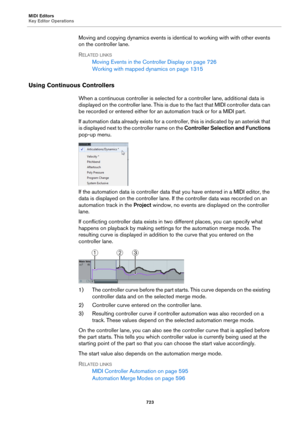 Page 723MIDI Editors
Key Editor Operations
723
Moving and copying dynamics events is identical to working with with other events 
on the controller lane.
RELATED LINKS
Moving Events in the Controller Display on page 726
Working with mapped dynamics on page 1315
Using Continuous Controllers
When a continuous controller is selected for a controller lane, additional data is 
displayed on the controller lane. This is due to the fact that MIDI controller data can 
be recorded or entered either for an automation track...