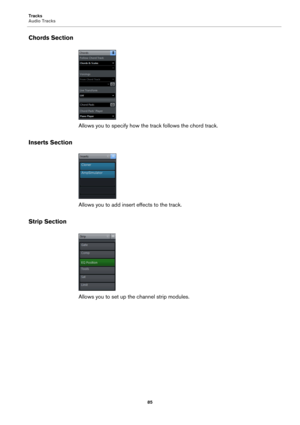 Page 85Tracks
Audio Tracks
85
Chords Section
Allows you to specify how the track follows the chord track.
Inserts Section
Allows you to add insert effects to the track.
Strip Section
Allows you to set up the channel strip modules. 