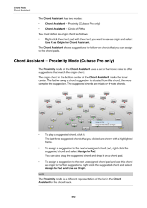 Page 842Chord Pads
Chord Assistant
842
The Chord Assistant has two modes:
•Chord Assistant – Proximity (Cubase Pro only)
•Chord Assistant – Circle of Fifths
You must define an origin chord as follows:
• Right-click the chord pad with the chord you want to use as origin and select 
Use X as Origin for Chord Assistant.
The Chord Assistant shows suggestions for follow-on chords that you can assign 
to the chord pads.
Chord Assistant – Proximity Mode (Cubase Pro only)
The Proximity mode of the Chord Assistant uses a...
