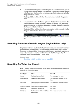 Page 865The Logical Editor, Transformer, and Input Transformer
Setting up filter conditions
865
• If you select Inside Range or Outside Range in the Condition column, you set 
the start position of the range in the Parameter 1 column and the end position 
in the Parameter 2 column. You can also change the time base using the Bar 
Range/Time Base column.
The Logical Editor will then find all elements inside or outside this position 
range.
• If you select one of the Bar Range options in the Condition column, the...