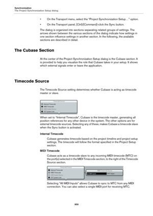 Page 959Synchronization
The Project Synchronization Setup dialog
959
• On the Transport menu, select the “Project Synchronization Setup…” option.
• On the Transport panel, [Ctrl]/[Command]-click the Sync button.
The dialog is organized into sections separating related groups of settings. The 
arrows shown between the various sections of the dialog indicate how settings in 
one section influence settings in another section. In the following, the available 
sections are described in detail.
The Cubase Section
At...