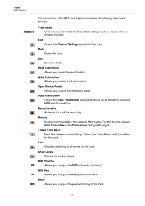 Page 97Tracks
MIDI Tracks
97
The top section of the MIDI track Inspector contains the following basic track 
settings:
Track name
Click once to show/hide the basic track settings section. Double-click to 
rename the track.
Edit
Opens the Channel Settings window for the track.
Mute
Mutes the track.
Solo
Solos the track.
Read Automation
Allows you to read track automation.
Write Automation
Allows you to write track automation.
Open Device Panels
Allows you to open the instrument panel.
Input Transformer
Opens the...